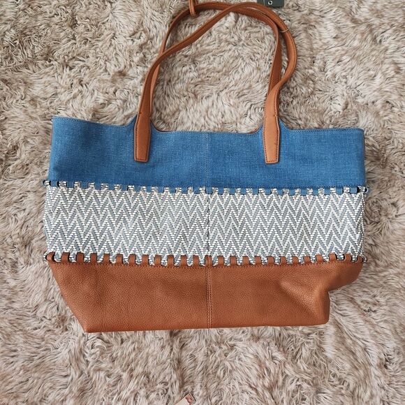 Vince Camuto Edena Tote Blue and Brown Leather and Denim Colorblocked Bag - Picture 3 of 16